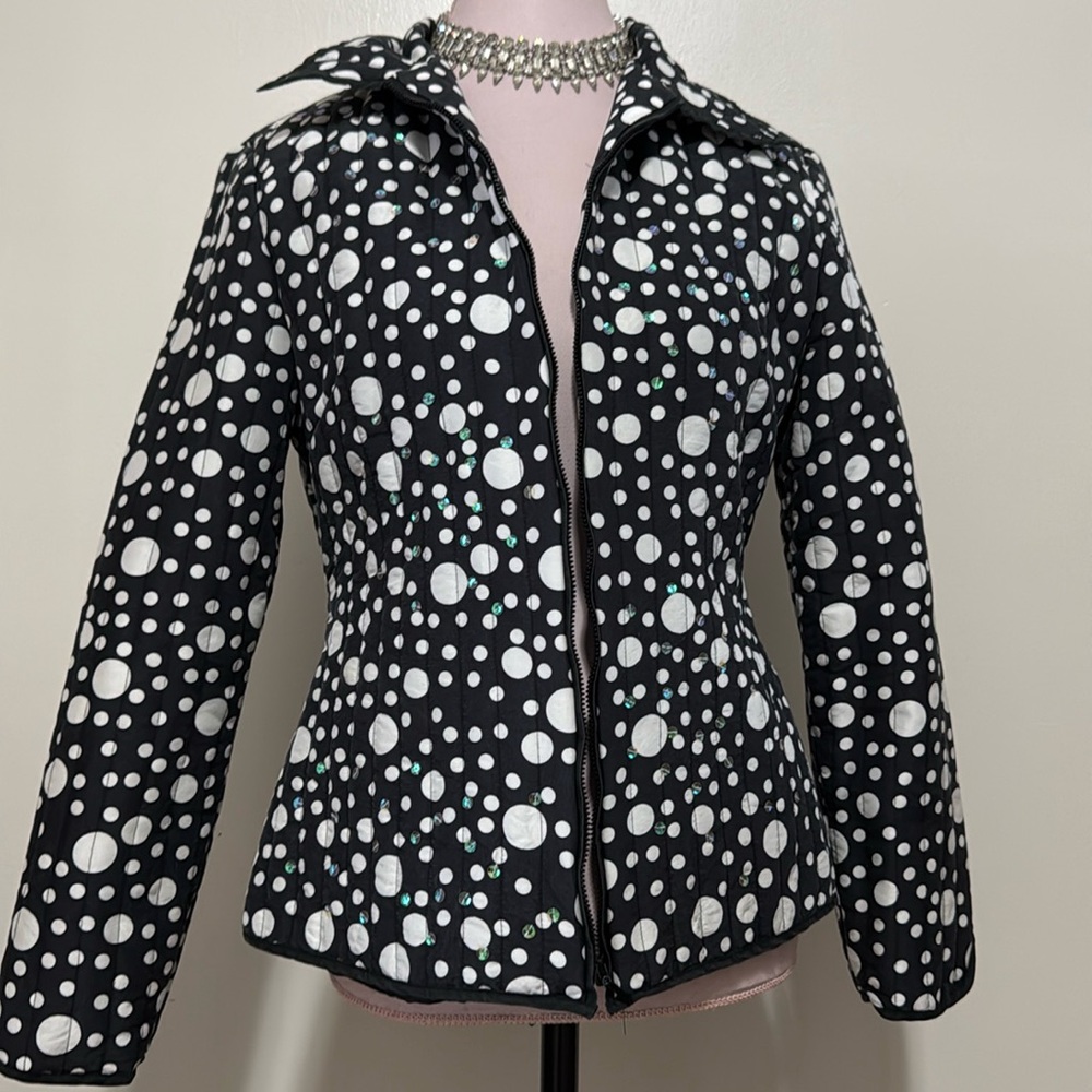 Anne Carson 100% silk, black & white polkadot jacket  sequins medium
